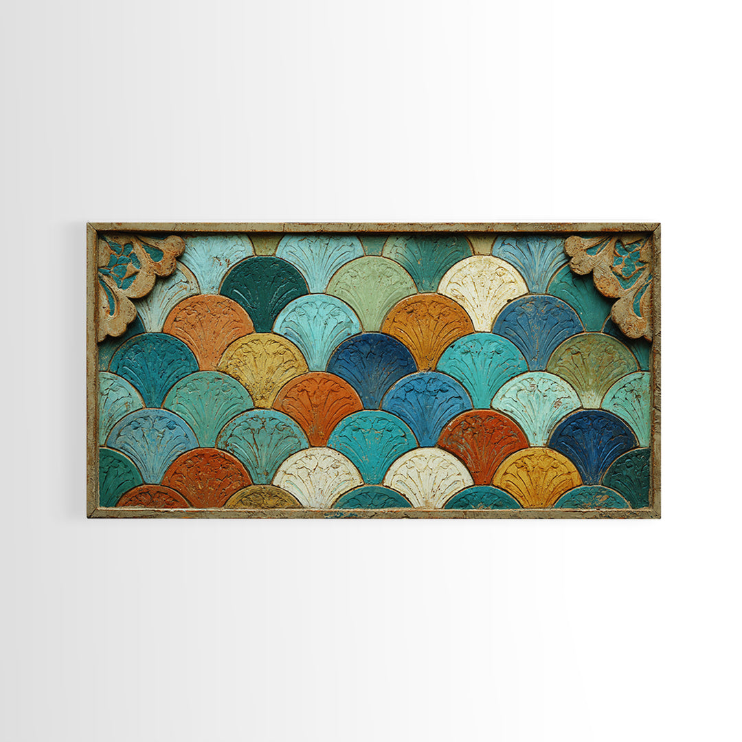 Turquoise Tile Fish Scale Pattern Framed Canvas Print, Moroccan Art, Living Room Rug, Living Room Decor, Abstract Art, MOR-2x1-65