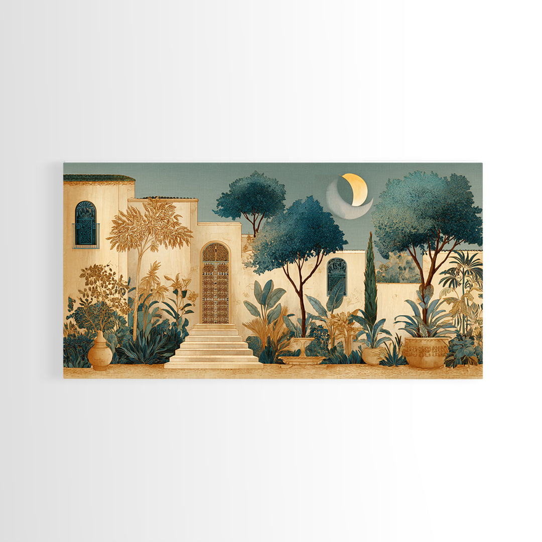 Camel Silhouette Beneath Crescent Moon Framed Canvas Print, Moroccan Art, Printable Wall Art, Living Room Decor, Marrakesh, MOR-2x1-7