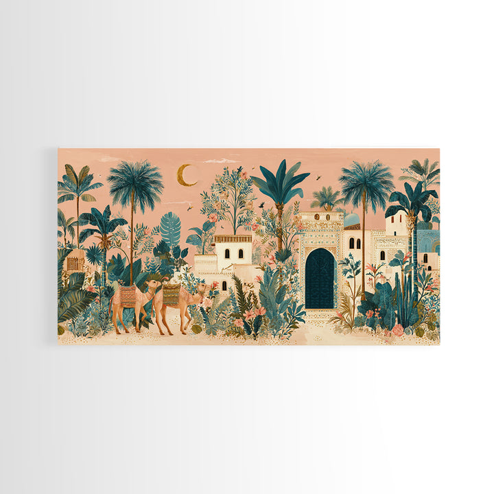 Desert Camel Caravan Framed Canvas Print, Moroccan Art, Statement Artwork, Living Room Decor, Oil Painting, Marrakesh, MOR-2x1-95