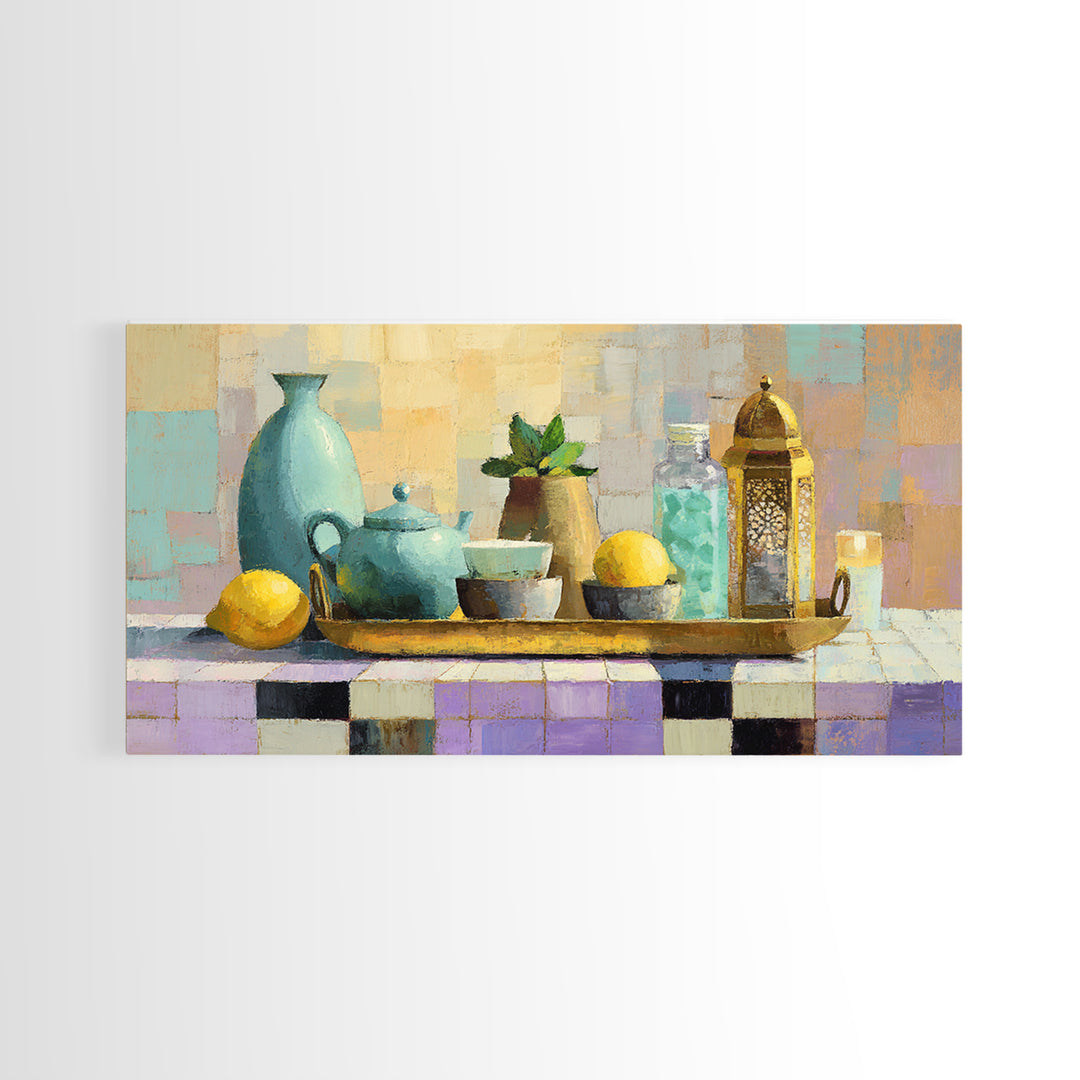 Moroccan Tea Set Framed Canvas Print, Moroccan Art, Gallery Wall Set, Living Room Decor, Oil Painting, Marrakesh, MOR-2x1-96