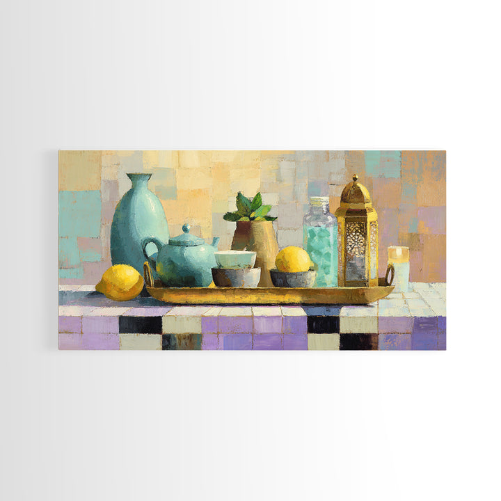 Moroccan Tea Set Framed Canvas Print, Moroccan Art, Gallery Wall Set, Living Room Decor, Oil Painting, Marrakesh, MOR-2x1-96