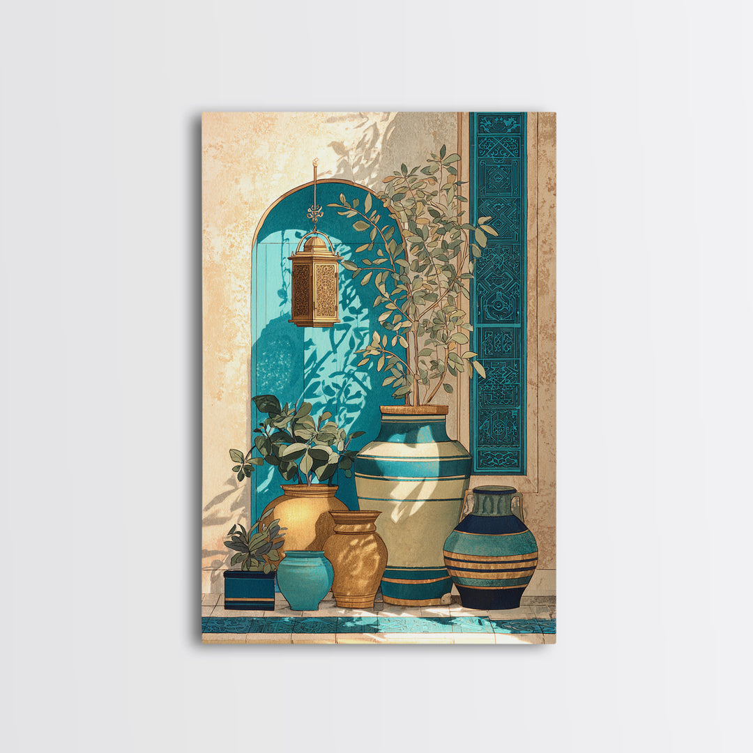 Brass Lantern Still Life Casting Lace Shadows Framed Canvas Print, Moroccan Art, African Art, Living Room Decor, Abstract Art, MOR-2x3-17