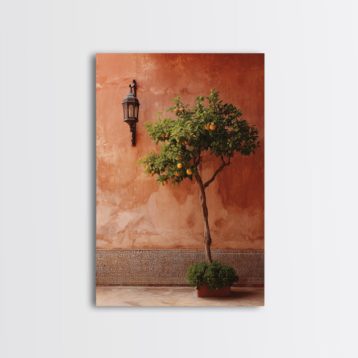 Orange Tree in Tiled Courtyard Framed Canvas Print, Moroccan Art, Modern Wall Art, Living Room Decor, Oil Painting, Marrakesh, MOR-2x3-21