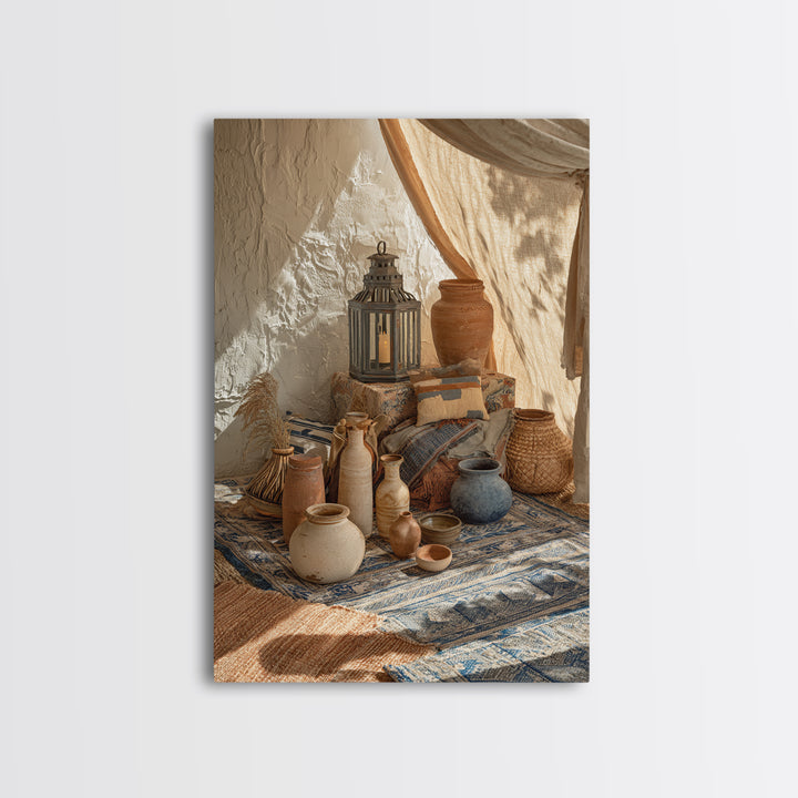 Desert Tent with Woven Rugs and Lanterns Framed Canvas Print, Moroccan Art, Printable Wall Art, Living Room Decor, Marrakesh, MOR-2x3-22