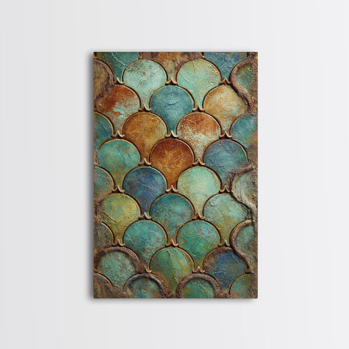 Turquoise Tile Fish Scale Pattern Framed Canvas Print, Moroccan Art, Gallery Wall Set, Living Room Decor, Oil Painting, MOR-2x3-53