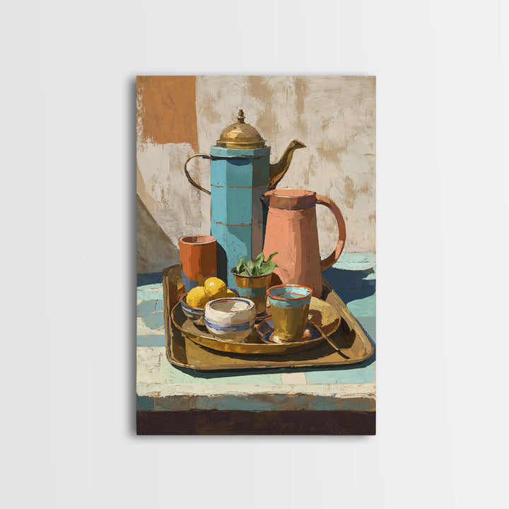 Moroccan Tea Set Framed Canvas Print, Moroccan Art, African Art, Living Room Decor, Fine Art, Marrakesh, Neutral Decor, MOR-2x3-60