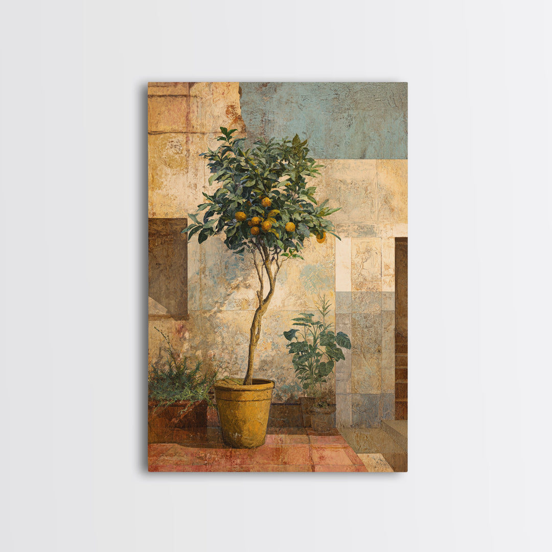 Orange Tree in Tiled Courtyard Framed Canvas Print, Moroccan Art, Neutral Wall Art, Living Room Decor, Fine Art, Marrakesh, MOR-2x3-69