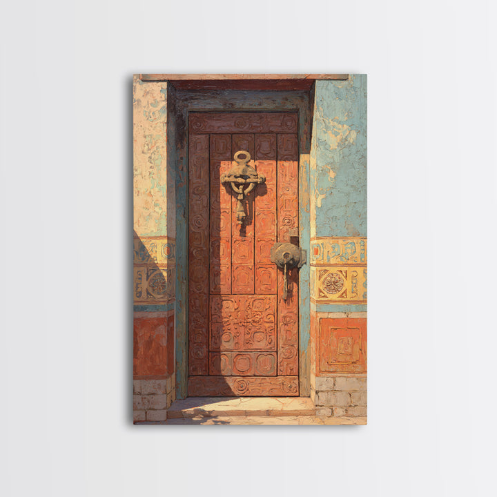 Patterned Door Hardware and Carved Wood Detail Framed Canvas Print, Moroccan Art, Modern Rug, Living Room Decor, Marrakesh, MOR-2x3-75