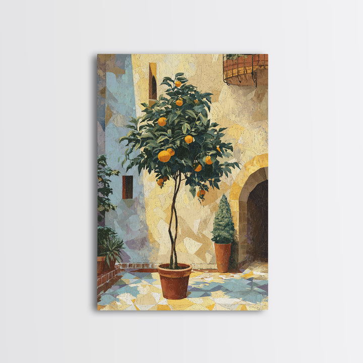 Orange Tree in Tiled Courtyard Framed Canvas Print, Moroccan Art, Neutral Wall Art, Living Room Decor, Fine Art, Marrakesh, MOR-2x3-93