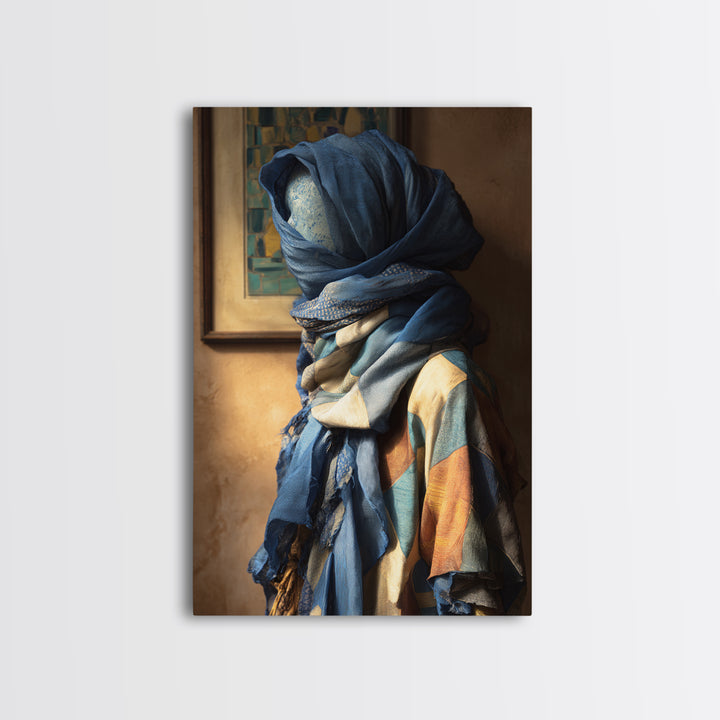Tuareg Blue Scarf Portrait Framed Canvas Print, Moroccan Art, Modern Wall Art, Living Room Decor, Fine Art, Marrakesh, MOR-2x3-98