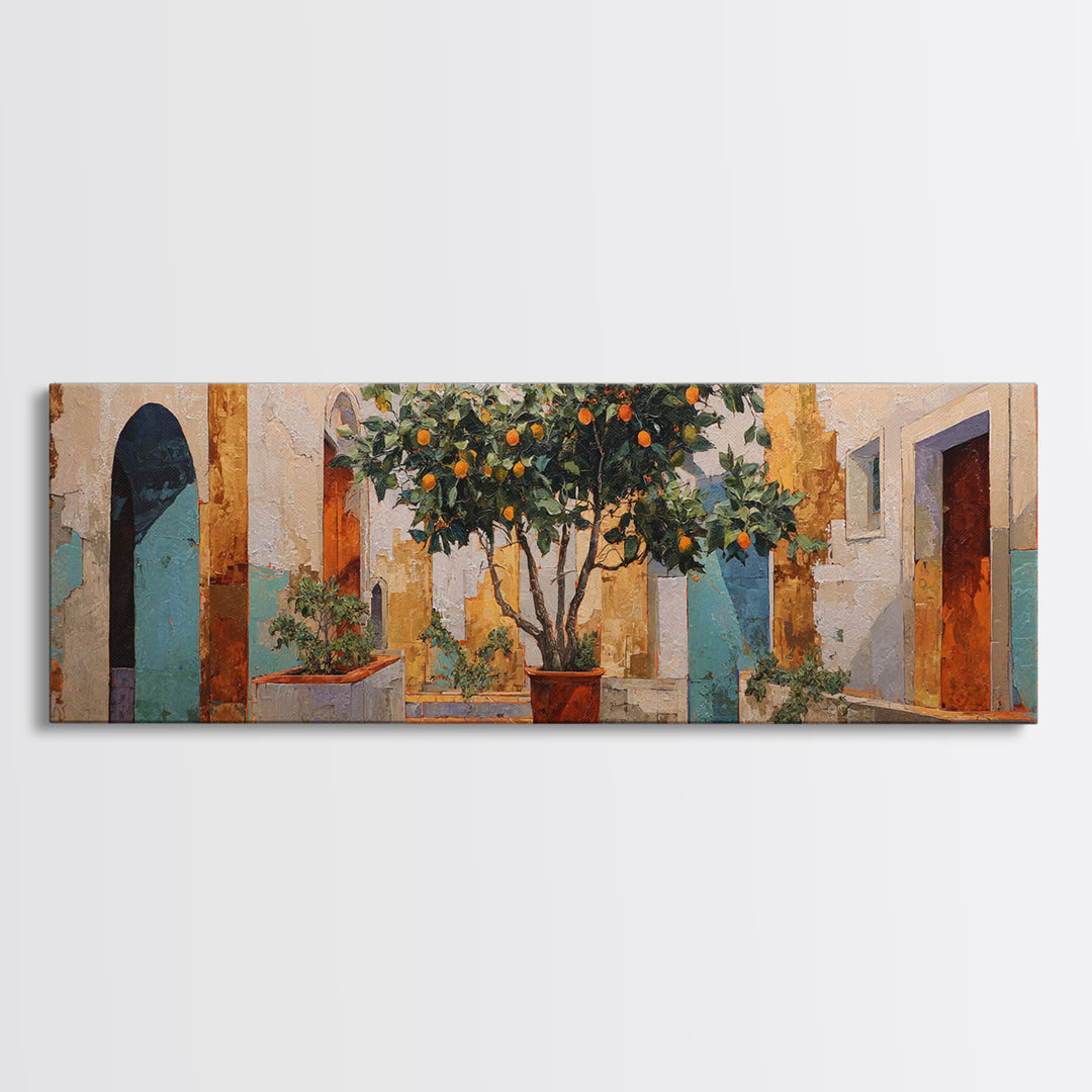 Orange Tree in Tiled Courtyard Framed Canvas Print, Moroccan Art, Fine Art Print, Living Room Decor, Fine Art, Marrakesh, MOR-3x1-53