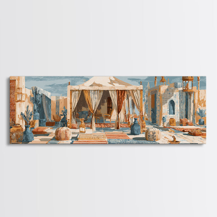 Desert Tent with Woven Rugs and Lanterns Canvas Print, Moroccan Art, Modern Decor, Living Room Decor, Fine Art, Marrakesh, MOR-3x1-54