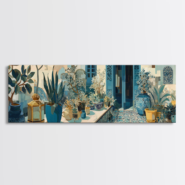 Brass Lantern Still Life Casting Lace Shadows Canvas Print, Moroccan Art, Textured Painting, Living Room Decor, Marrakesh, MOR-3x1-73