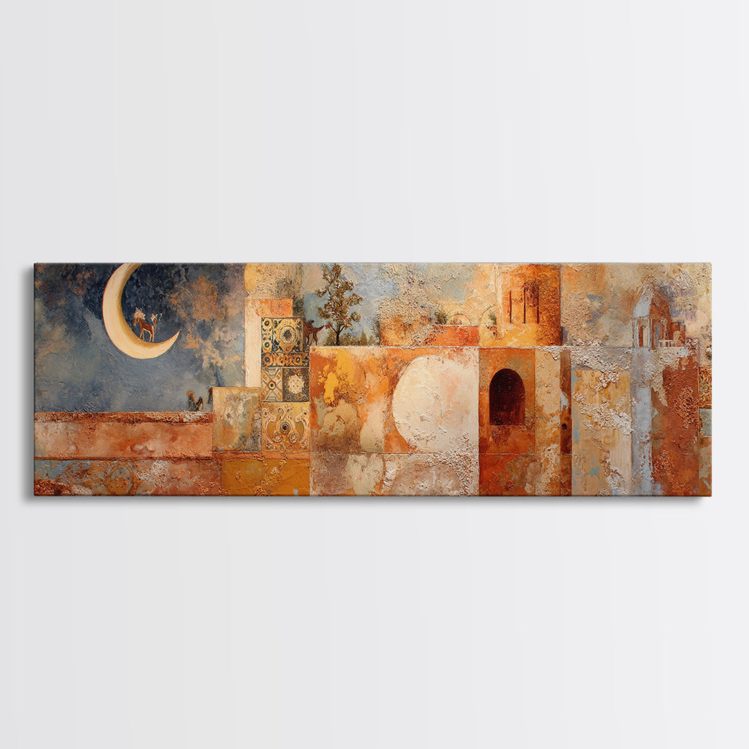 Camel Silhouette Beneath Crescent Moon Canvas Print, Moroccan Art, Set of 3 Prints, Living Room Decor, Fine Art, Marrakesh, MOR-3x1-75