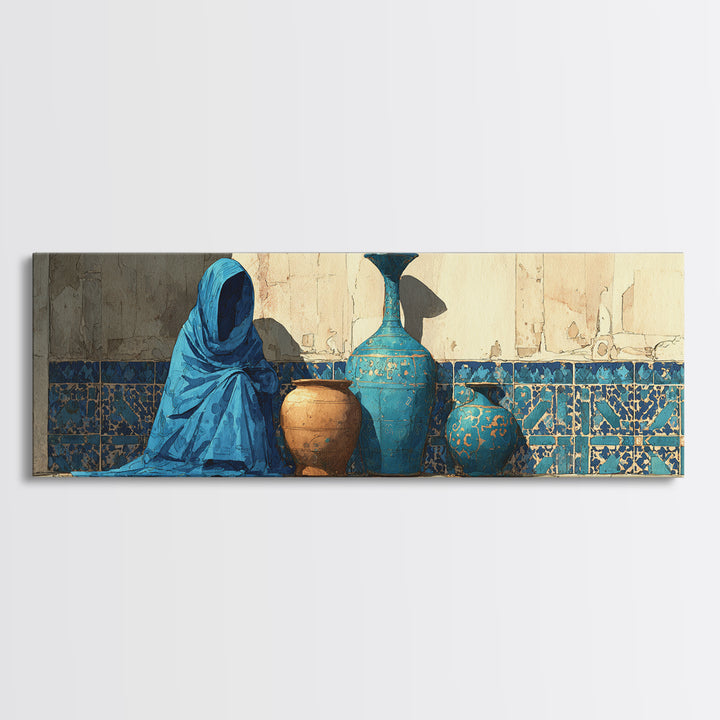 Tuareg Blue Scarf Portrait Framed Canvas Print, Moroccan Art, Gallery Wall Set, Living Room Decor, Fine Art, Marrakesh, MOR-3x1-82