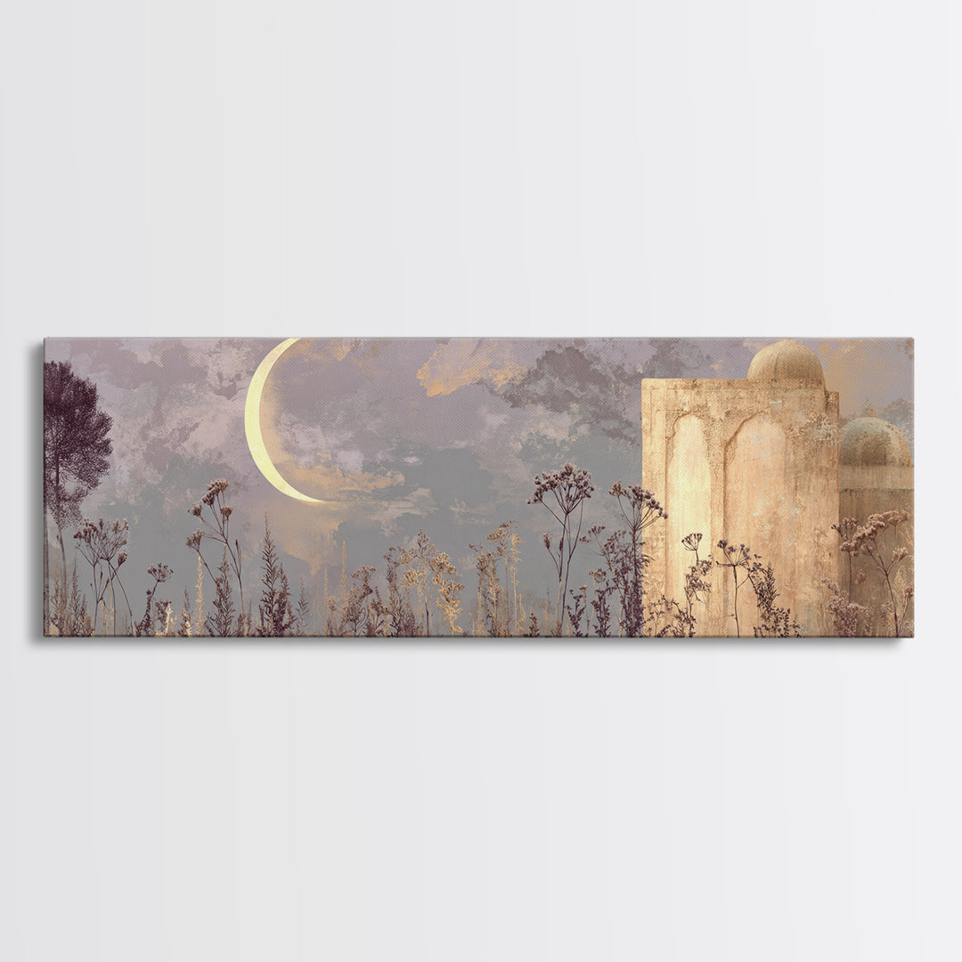 Camel Silhouette Beneath Crescent Moon Framed Canvas Print, Moroccan Art, Living Room Rug, Living Room Decor, Marrakesh, MOR-3x1-99