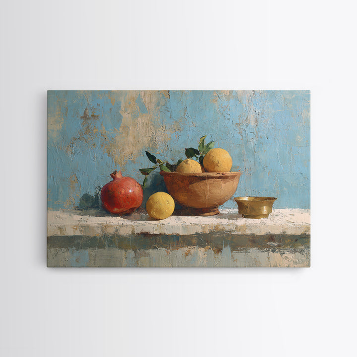 Pomegranate and Brass Bowl Still Life Framed Canvas Print, Moroccan Art, Moroccan Decor, Living Room Decor, Oil Painting, MOR-3x2-50