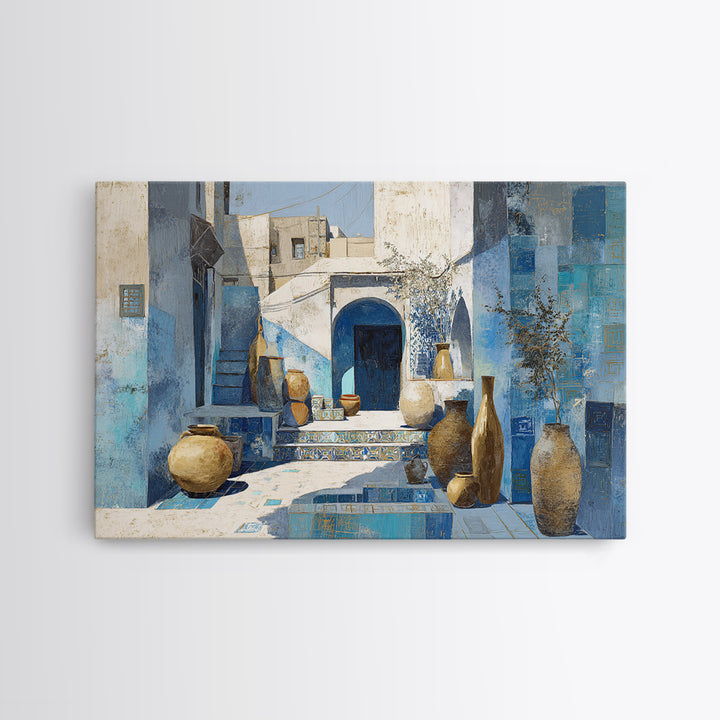 Blue City Alley Rendered as Painterly Shapes Canvas Print, Moroccan Art, Travel Wall Art, Living Room Decor, Abstract Art, MOR-3x2-58