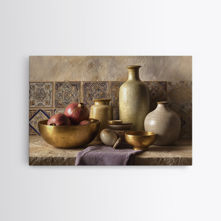 Pomegranate and Brass Bowl Still Life Framed Canvas Print, Moroccan Art, Moroccan Decor, Living Room Decor, Oil Painting, MOR-3x2-74