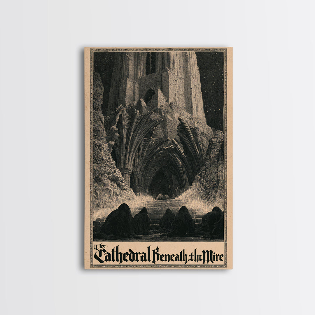 The Cathedral Beneath The Mire, English Language Horror Movie Poster, Gothic Engraving Art, Retro Horror Movie Art, Canvas Print