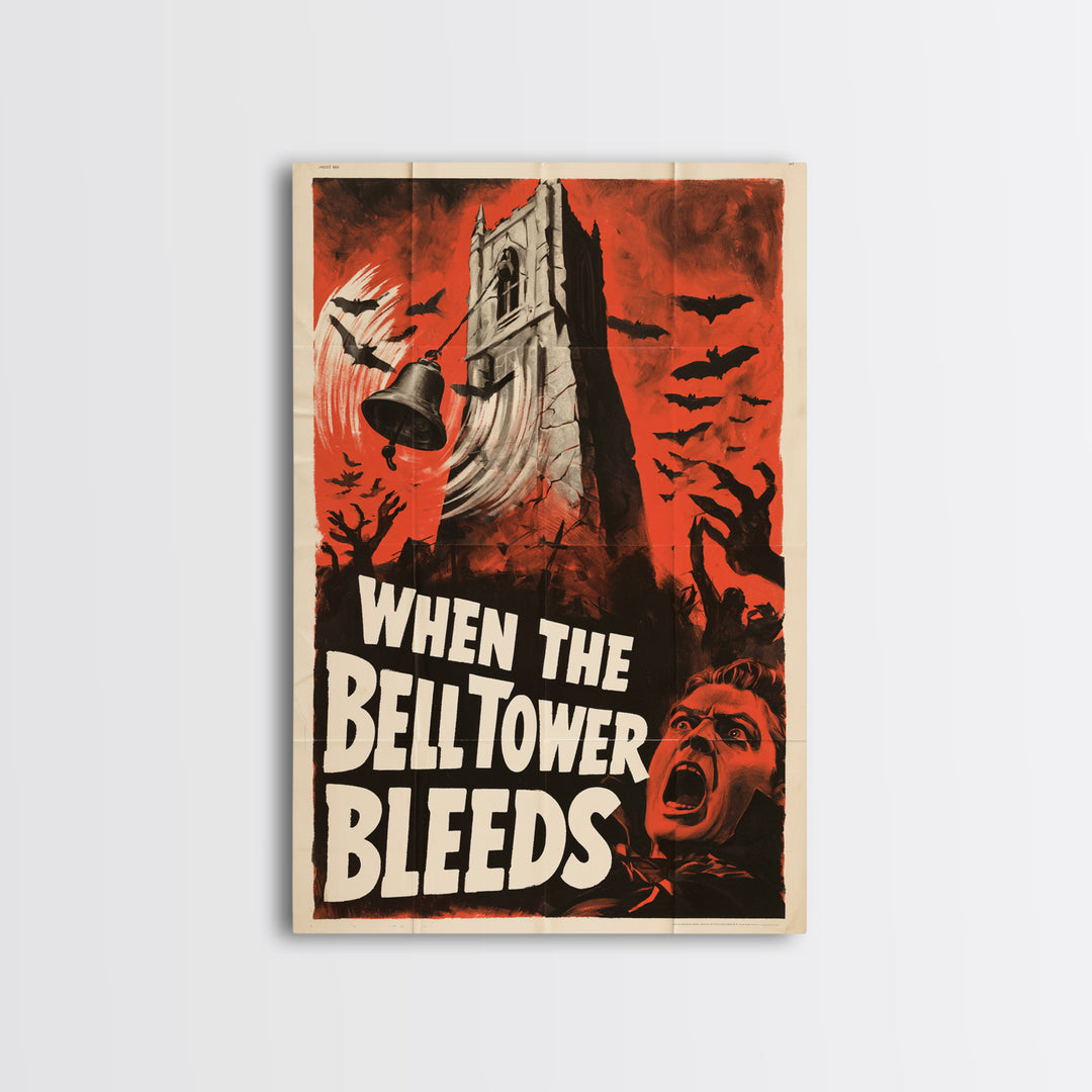 When The Bell Tower Bleeds, English Language Horror Movie Poster, 1950s Creature-Feature One-Sheet Inspired Art, Cult Horror Poster