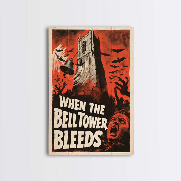 When The Bell Tower Bleeds, English Language Horror Movie Poster, 1950s Creature-Feature One-Sheet Inspired Art, Cult Horror Poster