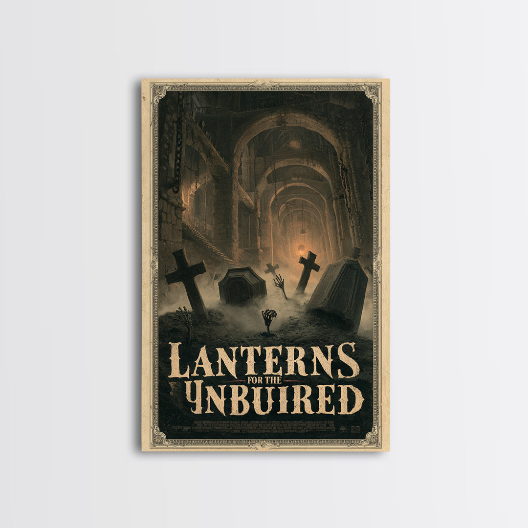 Lanterns For The Unburied, English Language Horror Movie Poster, Architectural Etching Art, Retro Horror Movie Art