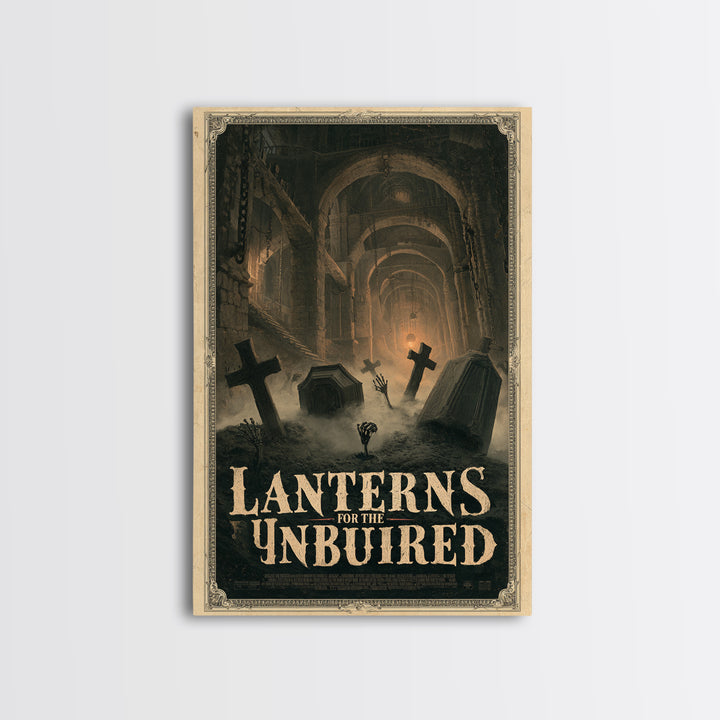 Lanterns For The Unburied, English Language Horror Movie Poster, Architectural Etching Art, Retro Horror Movie Art