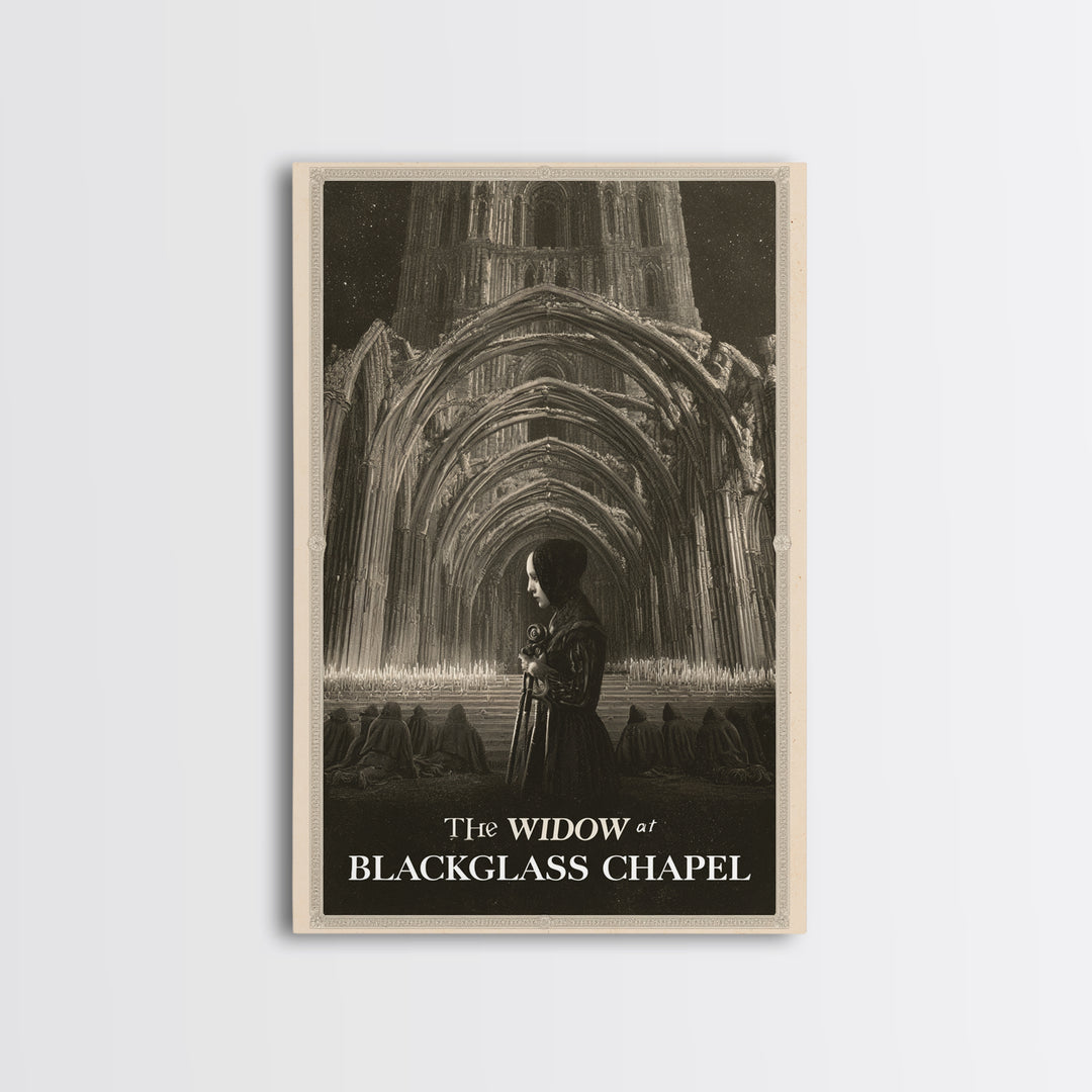 The Widow At Blackglass Chapel, English Language Horror Movie Poster, Gothic Engraving Art, Retro Horror Movie Art, Canvas Print