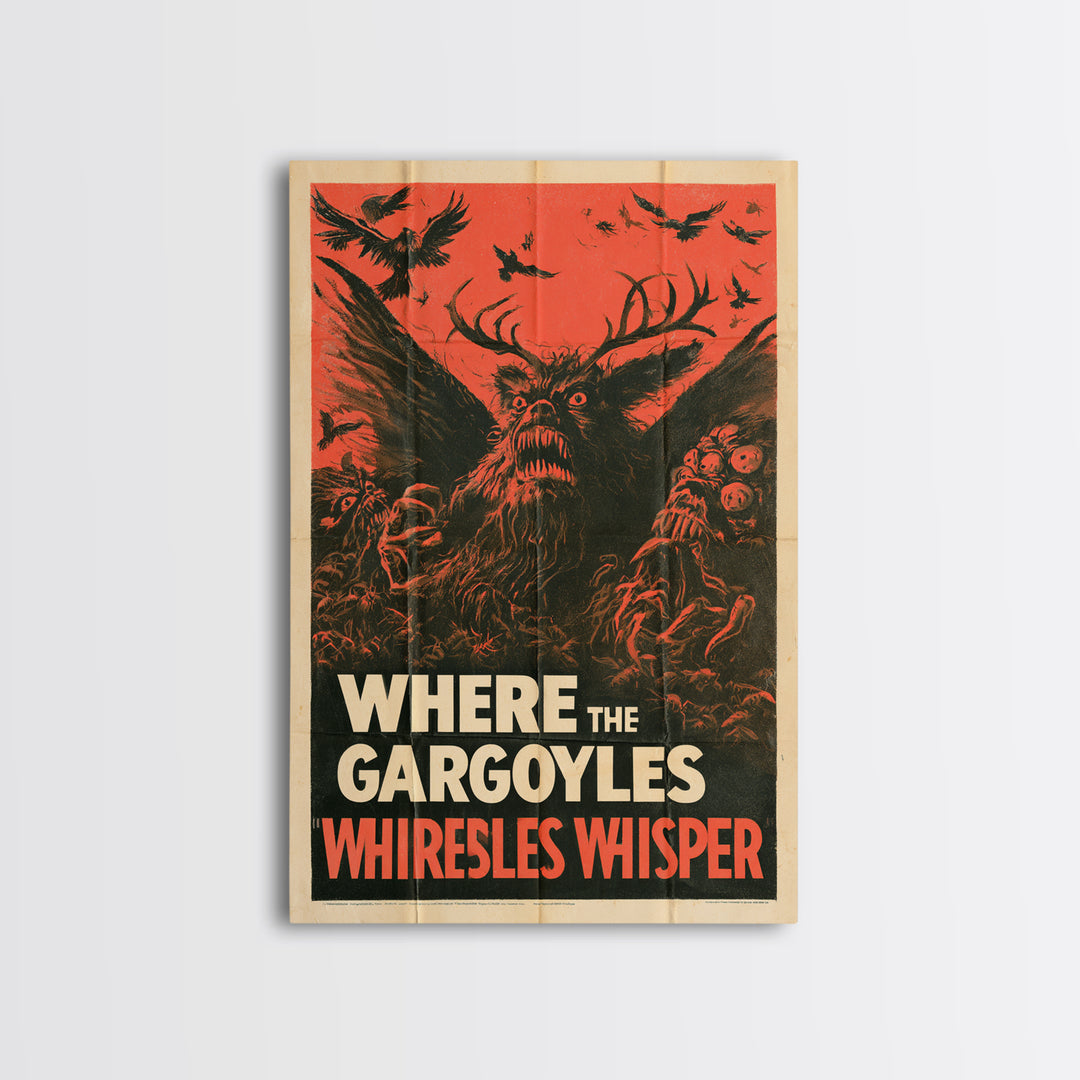 Where The Gargoyles Whisper, English Language Horror Movie Poster, 1950s Creature-Feature One-Sheet Inspired Art, Cult Horror Poster