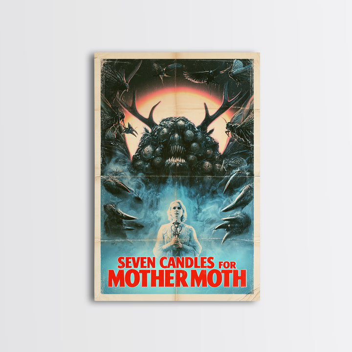 Seven Candles For Mother Moth, English Language Horror Movie Poster, 1980s Vhs Nightmare Cover Inspired Art, Retro Horror Movie Art