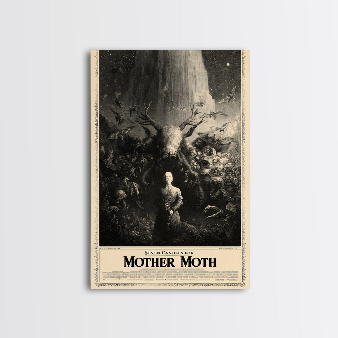 Seven Candles For Mother Moth, English Language Horror Movie Poster, Gothic Engraving Art, Retro Horror Movie Art, Framed Canvas Print