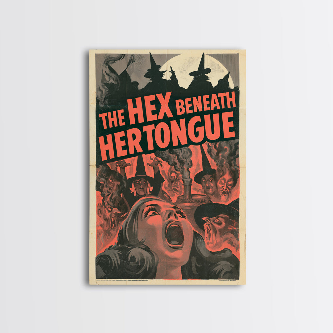 The Hex Beneath Her Tongue, English Language Horror Movie Poster, 1950s Creature-Feature One-Sheet Inspired Art, Gothic Cinema Wall Art