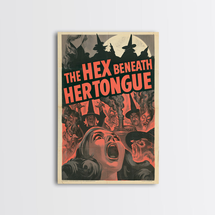 The Hex Beneath Her Tongue, English Language Horror Movie Poster, 1950s Creature-Feature One-Sheet Inspired Art, Gothic Cinema Wall Art