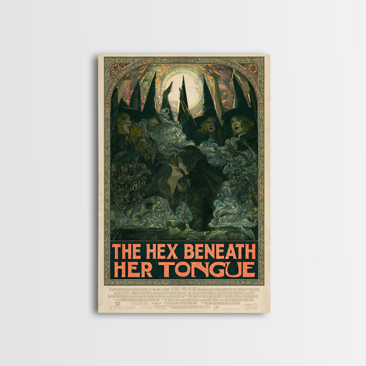 The Hex Beneath Her Tongue, English Language Horror Movie Poster, Stained Glass Gothic Art, Retro Horror Movie Art, Framed Canvas Print