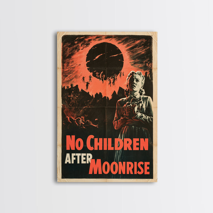No Children After Moonrise, English Language Horror Movie Poster, 1950s Creature-Feature One-Sheet Inspired Art, Retro Horror Movie Art