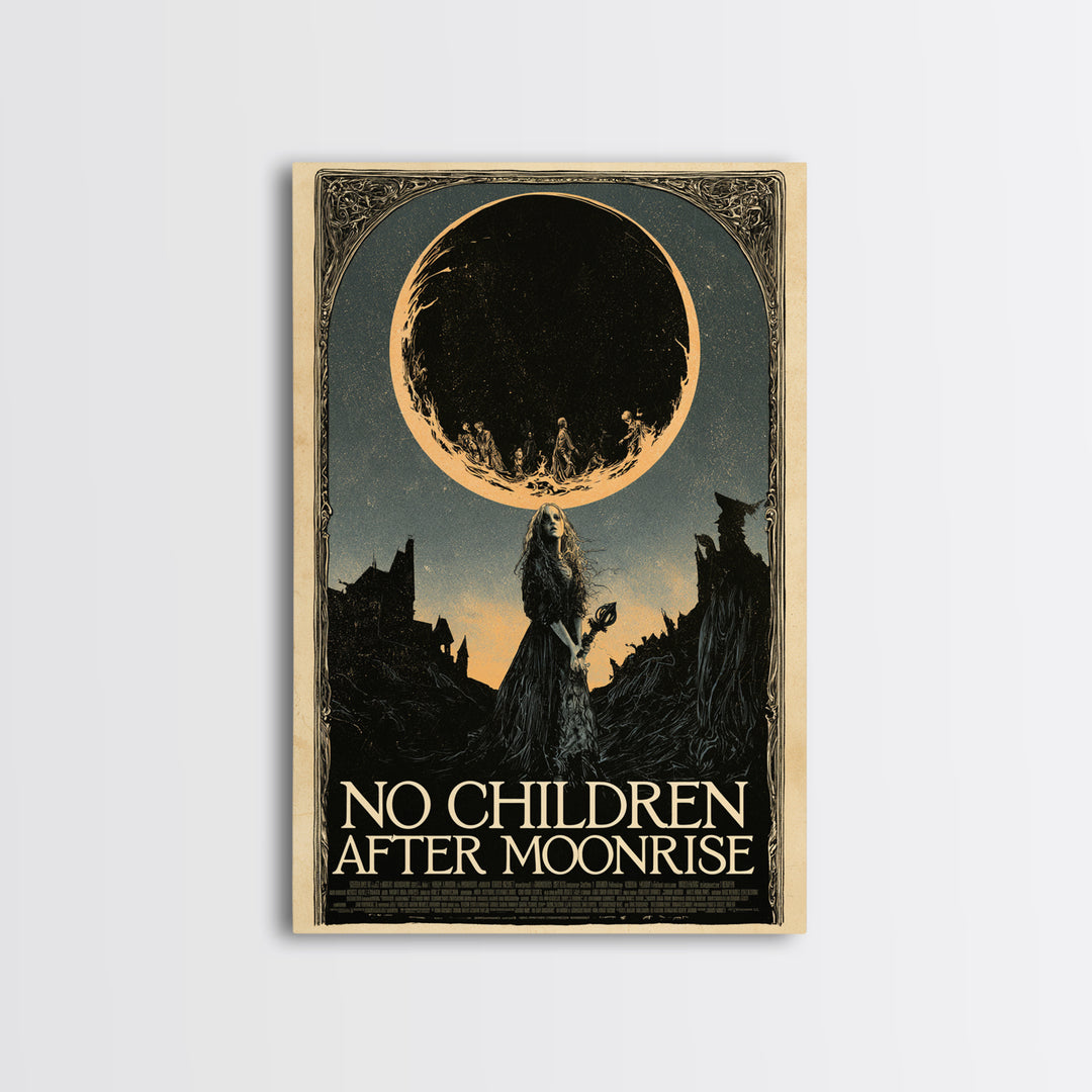 No Children After Moonrise, English Language Horror Movie Poster, Decadent Line Art, Cult Horror Poster, Framed Canvas Print