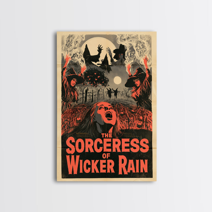The Sorceress Of Wicker Rain, English Language Horror Movie Poster, 1950s Creature-Feature One-Sheet Inspired Art, Retro Horror Movie Art