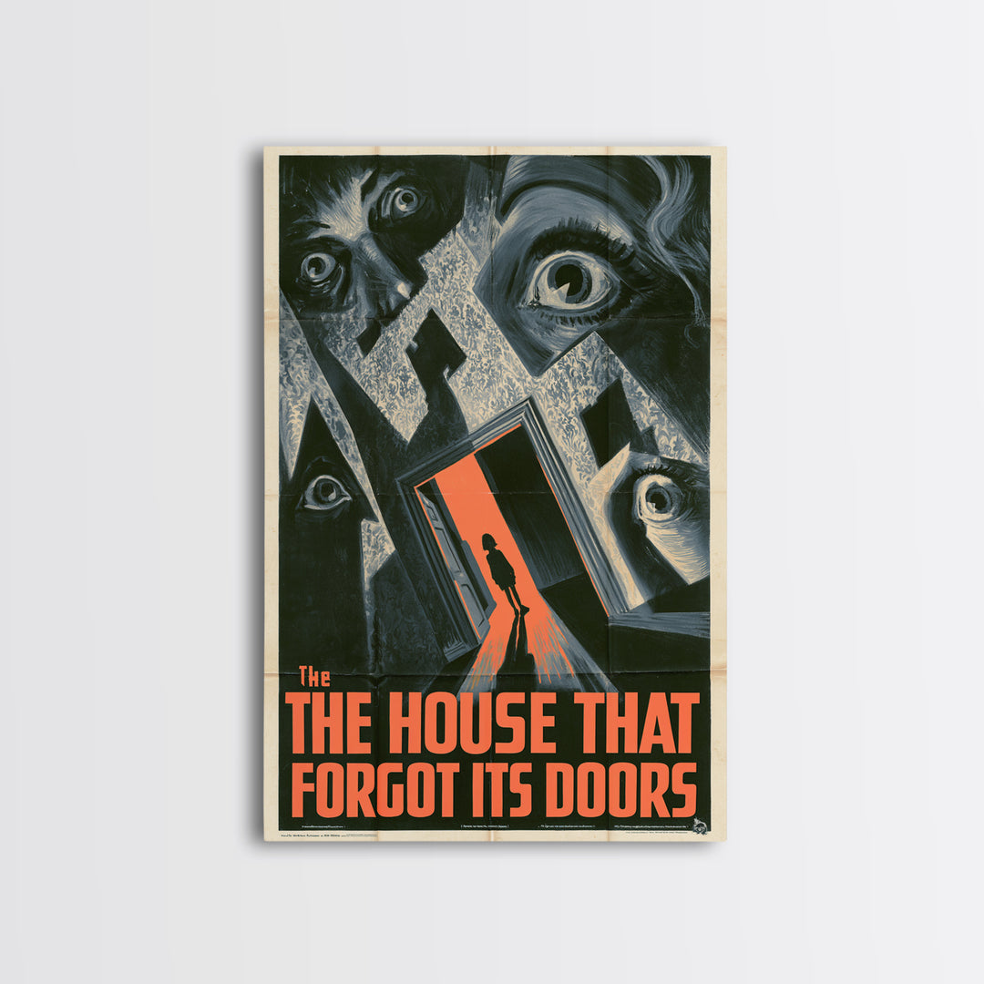 The House That Forgot Its Doors, English Language Horror Movie Poster, 1930s Horror Art, Retro Horror Movie Art, Framed Canvas Print