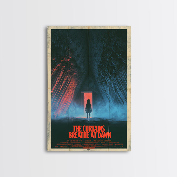 The Curtains Breathe At Dawn, English Language Horror Movie Poster, 1980s Vhs Nightmare Cover Inspired Art, Retro Horror Movie Art