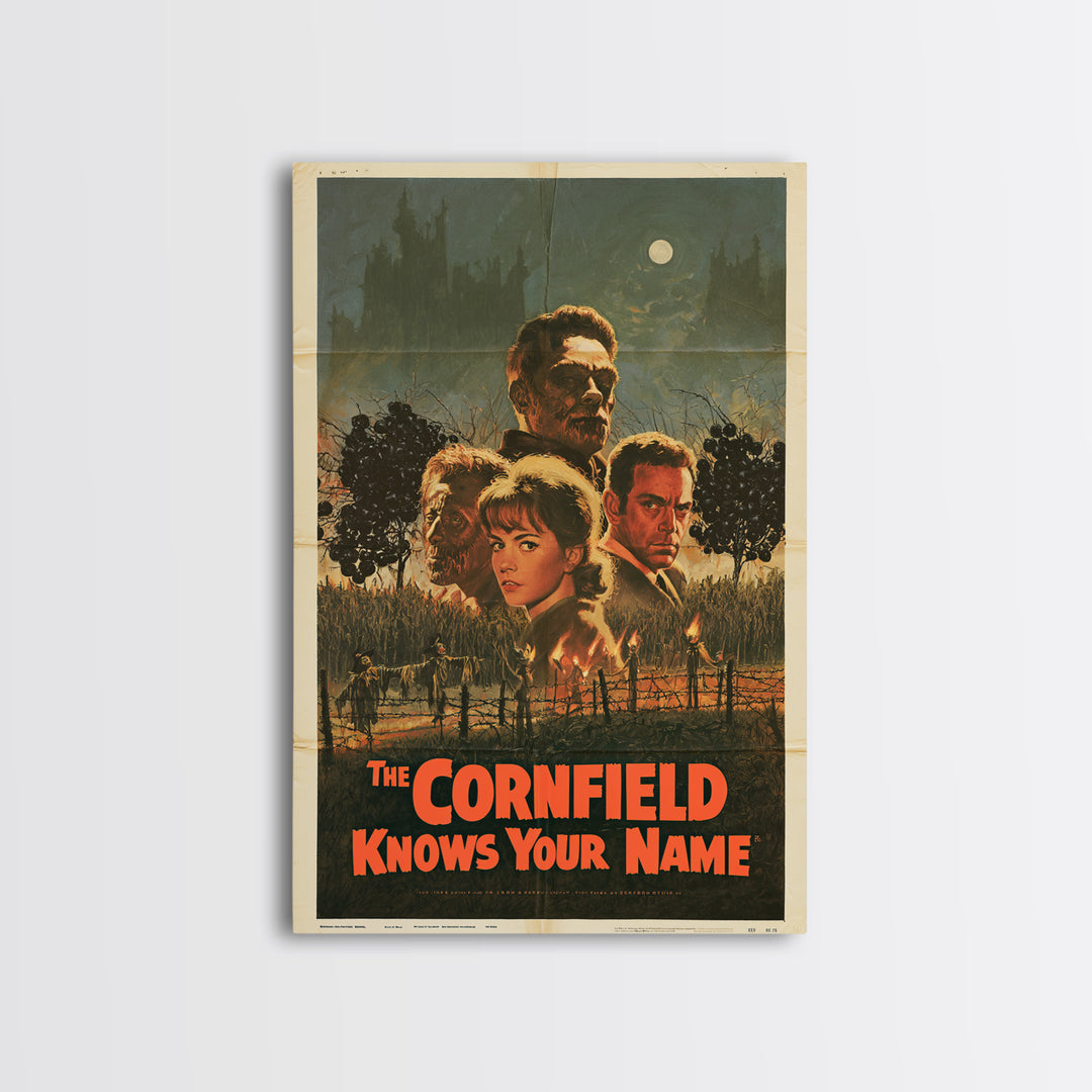 The Cornfield Knows Your Name, English Language Horror Movie Poster, 1960s Horror Art, Classic Monster Poster, Framed Canvas Print