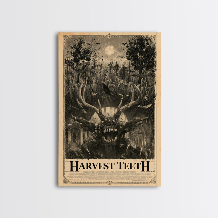 Harvest Teeth, English Language Horror Movie Poster, Architectural Etching Art, Classic Monster Poster, Framed Canvas Print