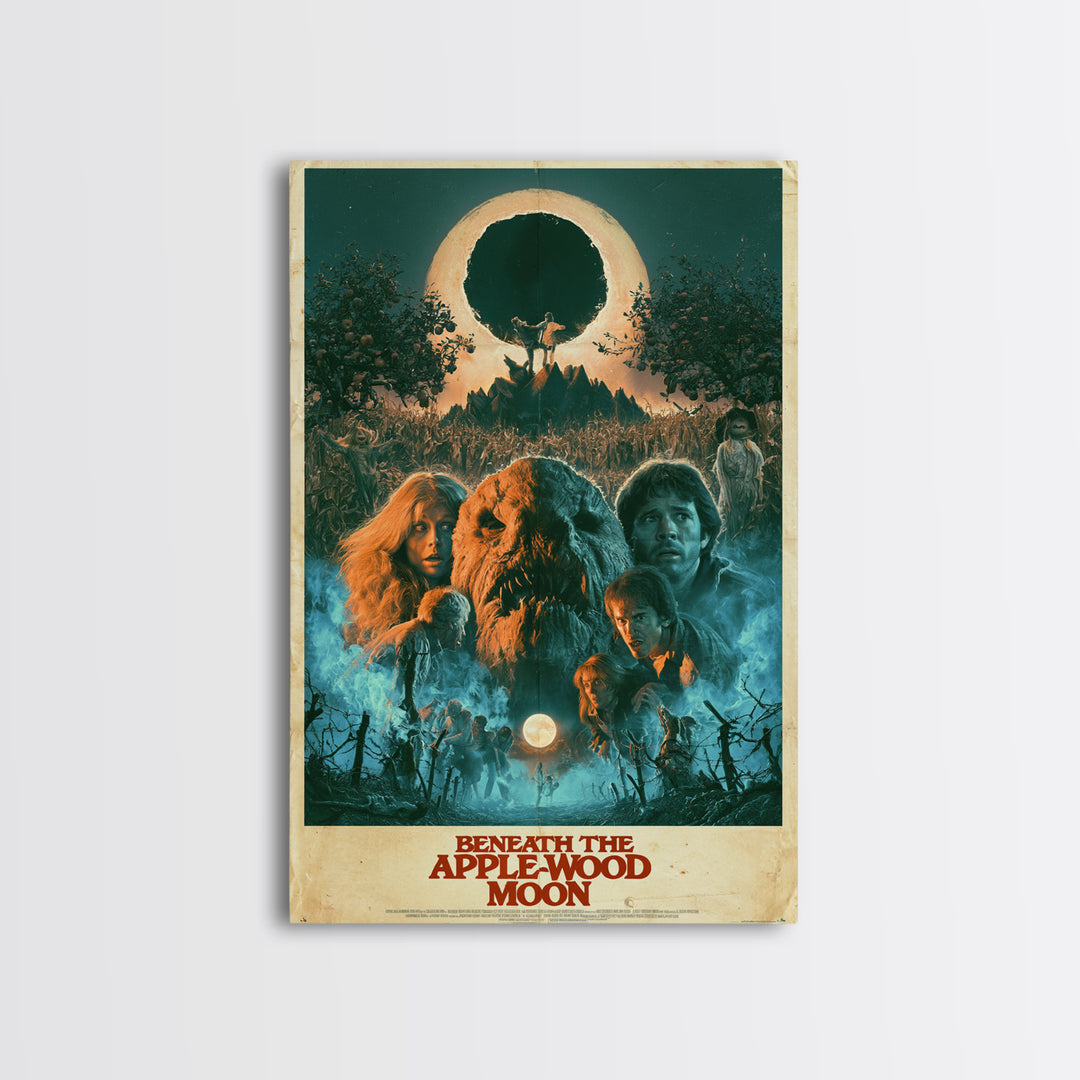 Beneath The Apple-Wood Moon, English Language Horror Movie Poster, 1980s Vhs Nightmare Cover Inspired Art, Retro Horror Movie Art