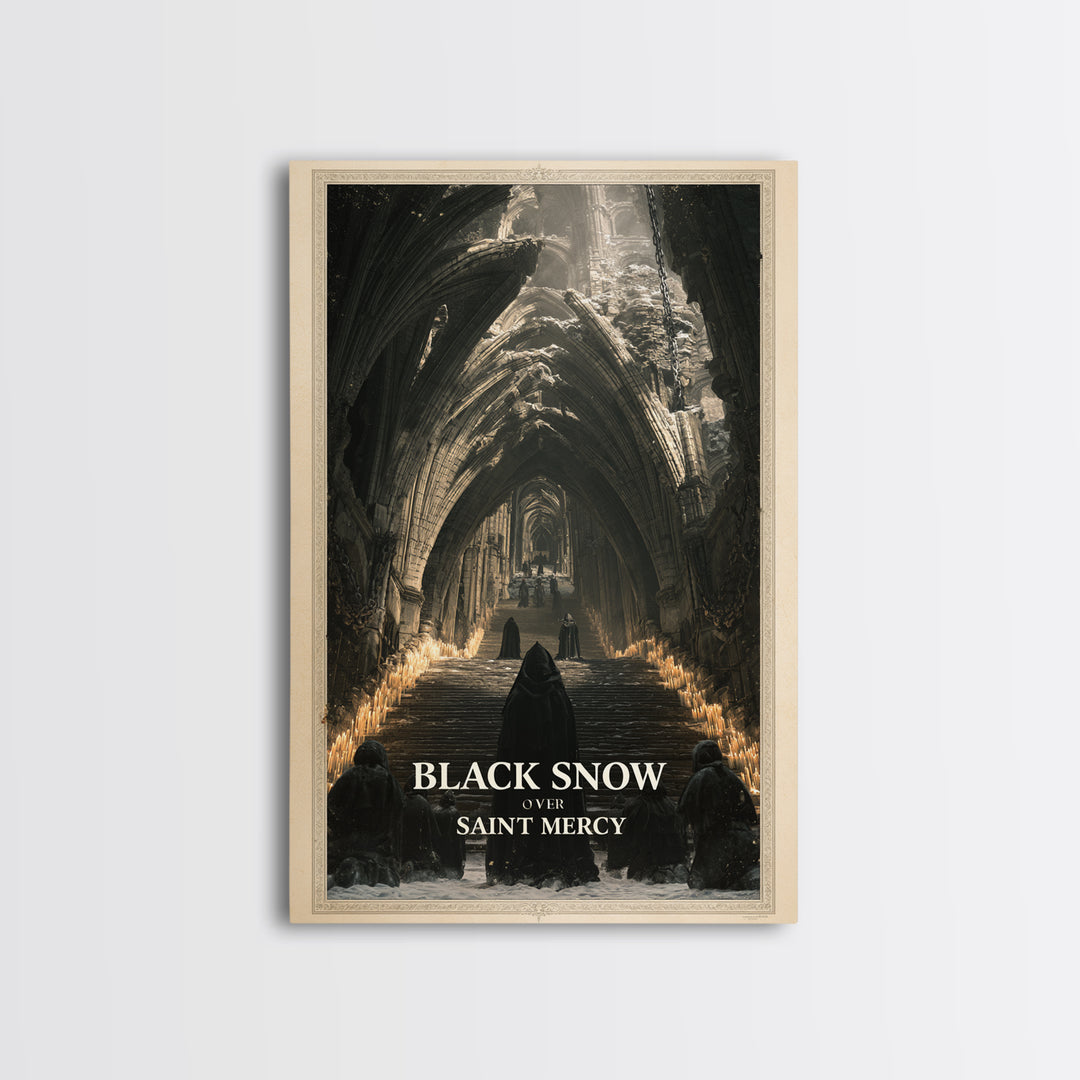 Black Snow Over Saint Mercy, English Language Horror Movie Poster, Architectural Etching Art, Classic Monster Poster