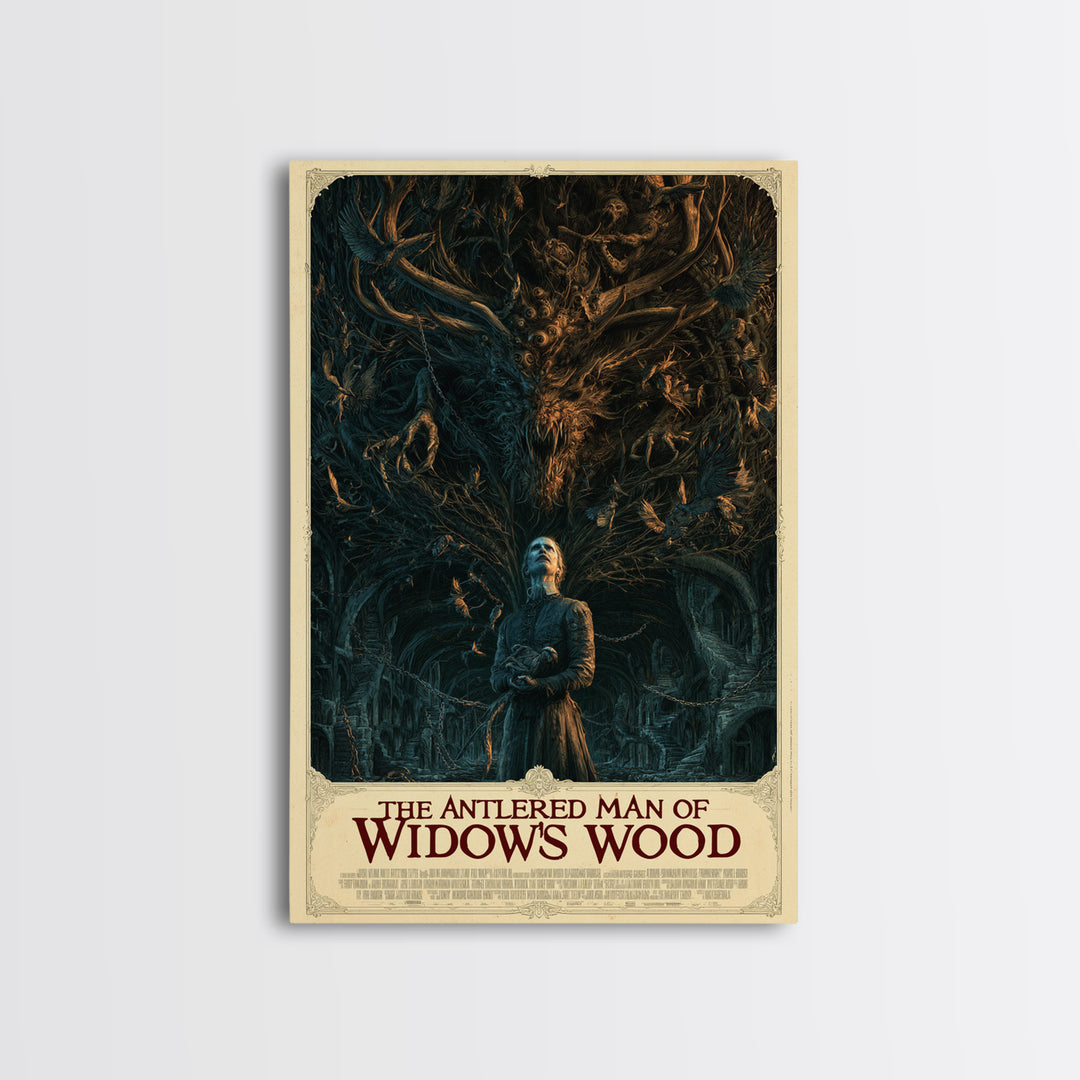 The Antlered Man Of Widow'S Wood, English Language Horror Movie Poster, Architectural Etching Art, Retro Horror Movie Art