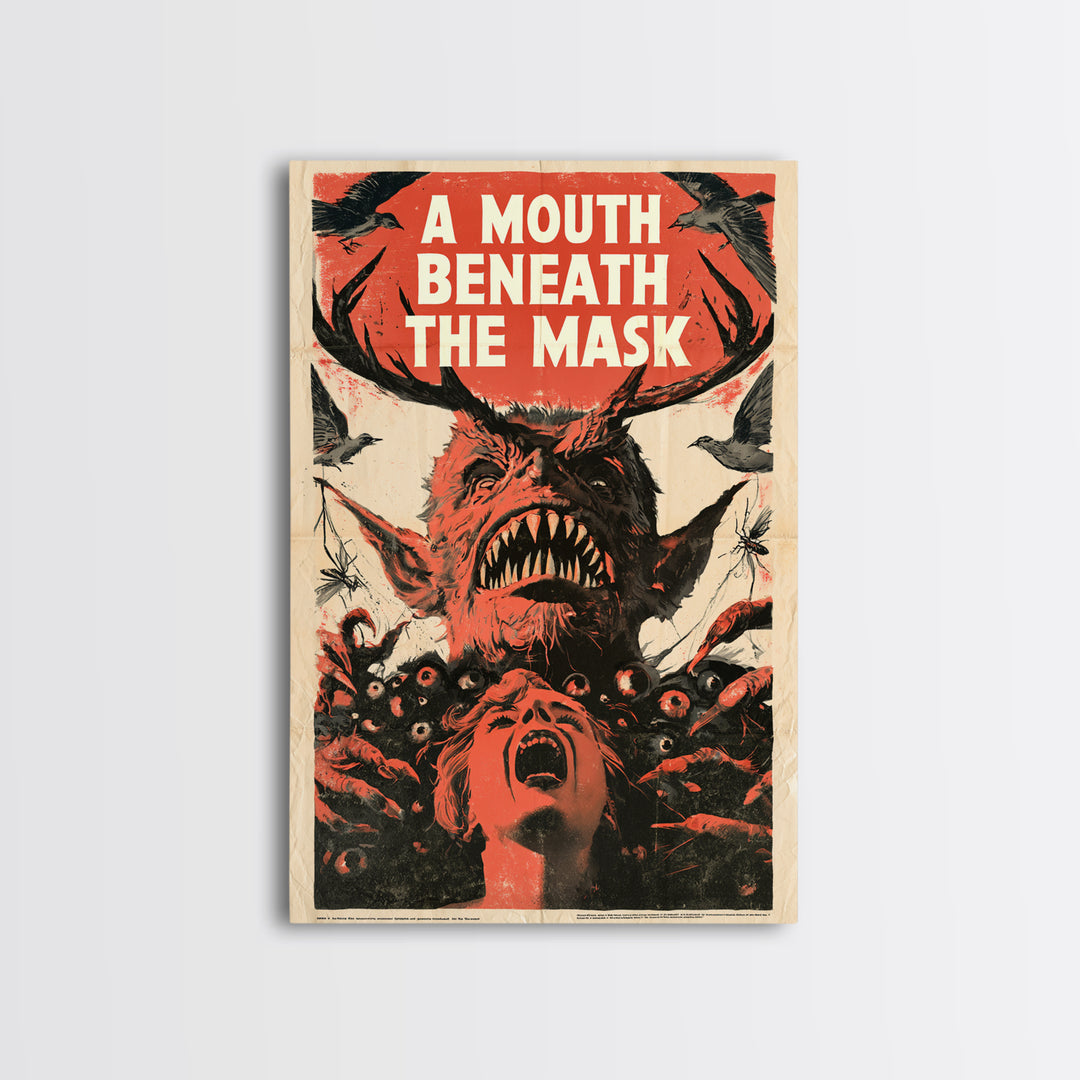 A Mouth Beneath The Mask, English Language Horror Movie Poster, 1950s Creature-Feature One-Sheet Inspired Art, Classic Monster Poster
