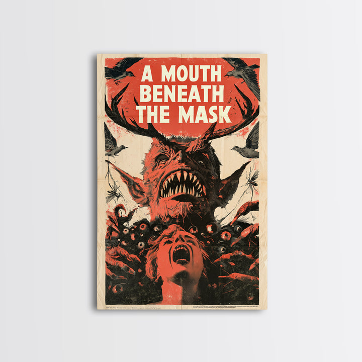 A Mouth Beneath The Mask, English Language Horror Movie Poster, 1950s Creature-Feature One-Sheet Inspired Art, Classic Monster Poster