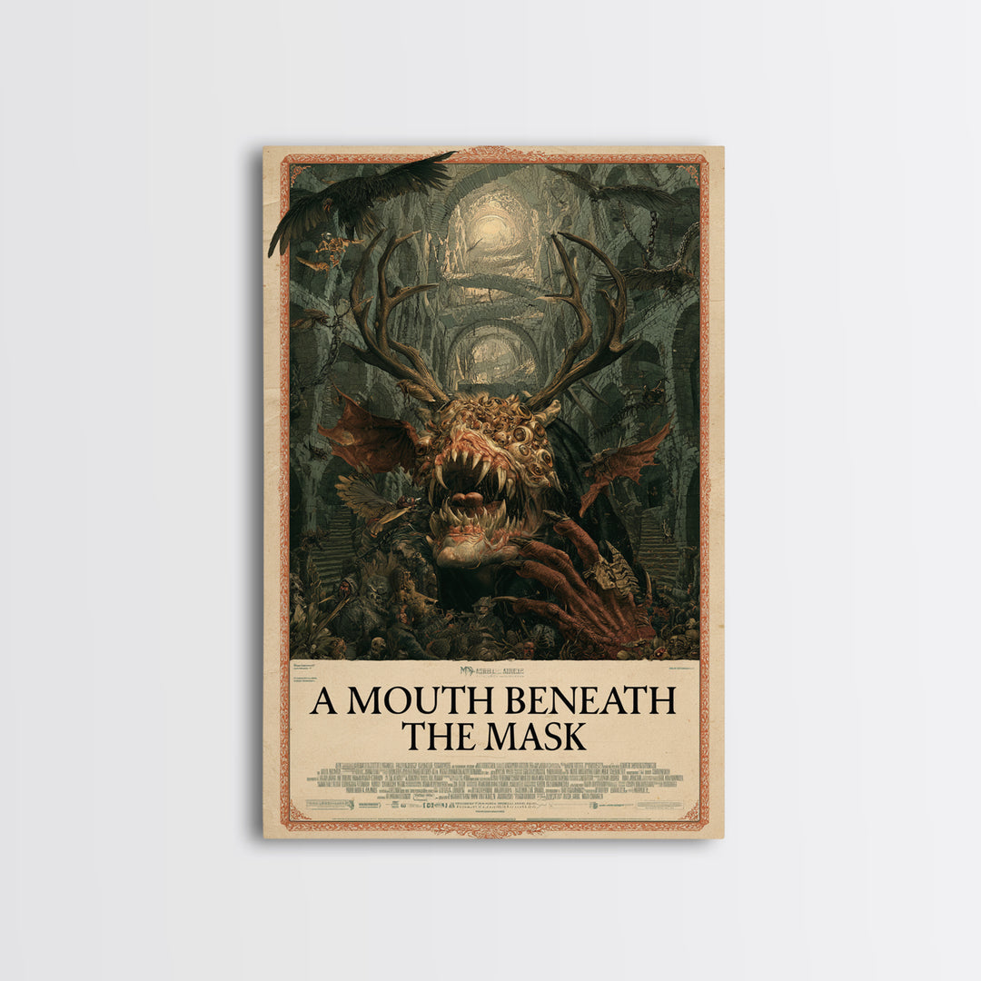 A Mouth Beneath The Mask, English Language Horror Movie Poster, Architectural Etching Art, Gothic Cinema Wall Art