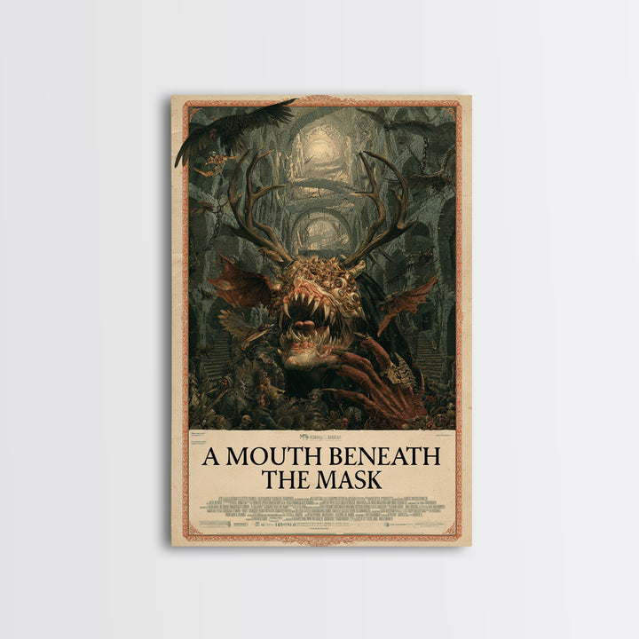 A Mouth Beneath The Mask, English Language Horror Movie Poster, Architectural Etching Art, Gothic Cinema Wall Art