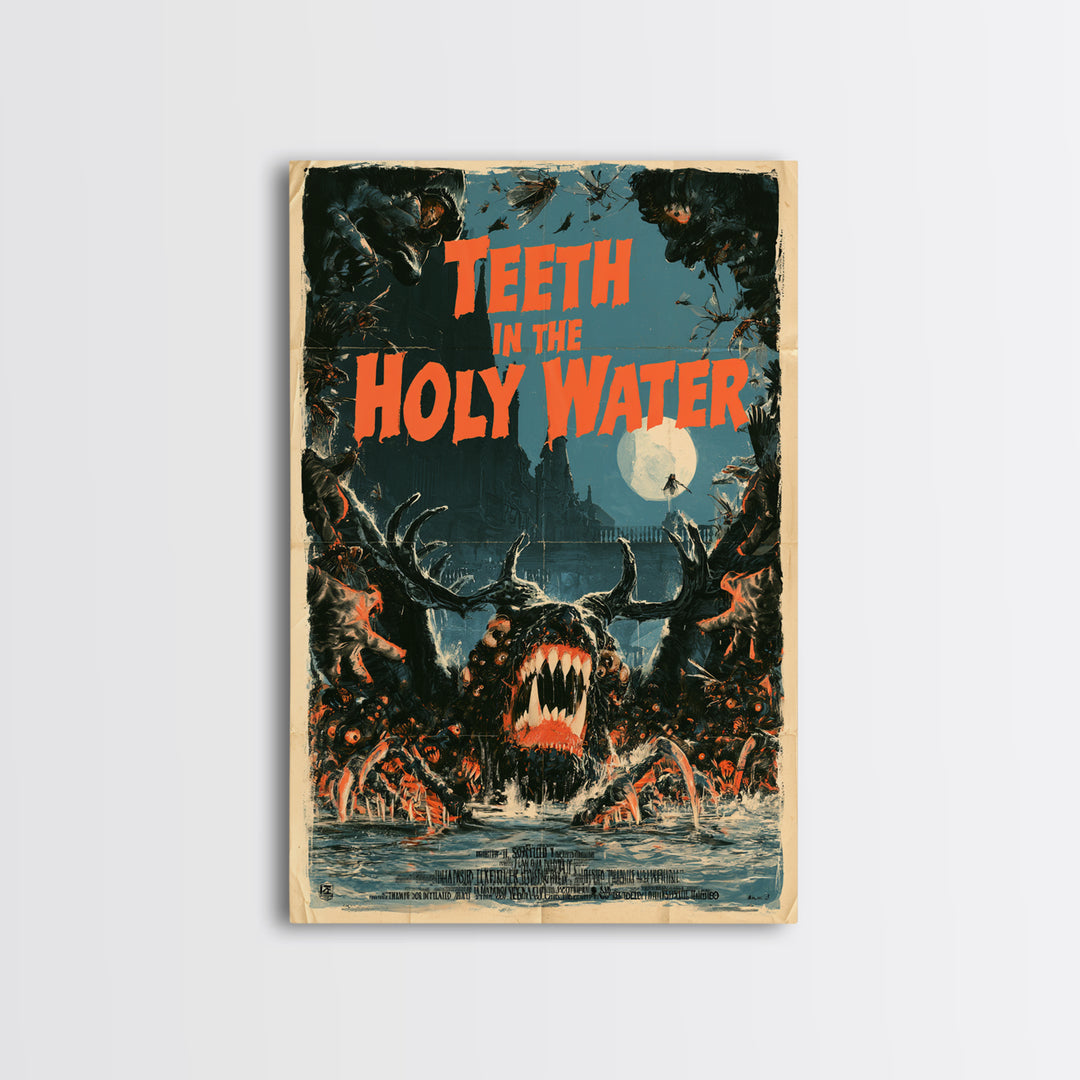 Teeth In The Holy Water, English Language Horror Movie Poster, Giallo Horror Art, Classic Monster Poster, Framed Canvas Print